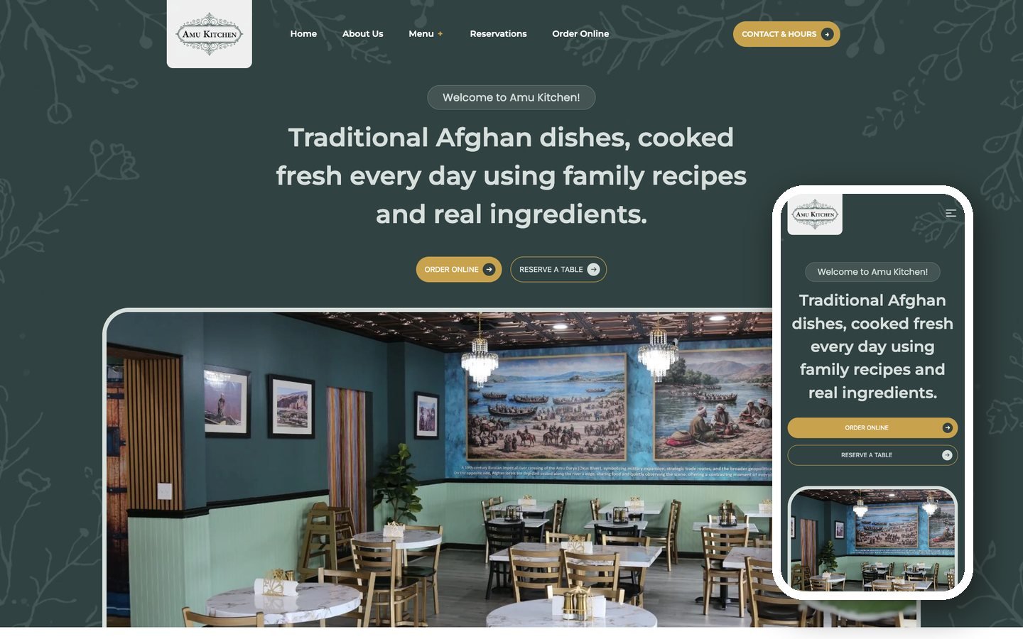 Amu Kitchen website homepage, built from a Figma design