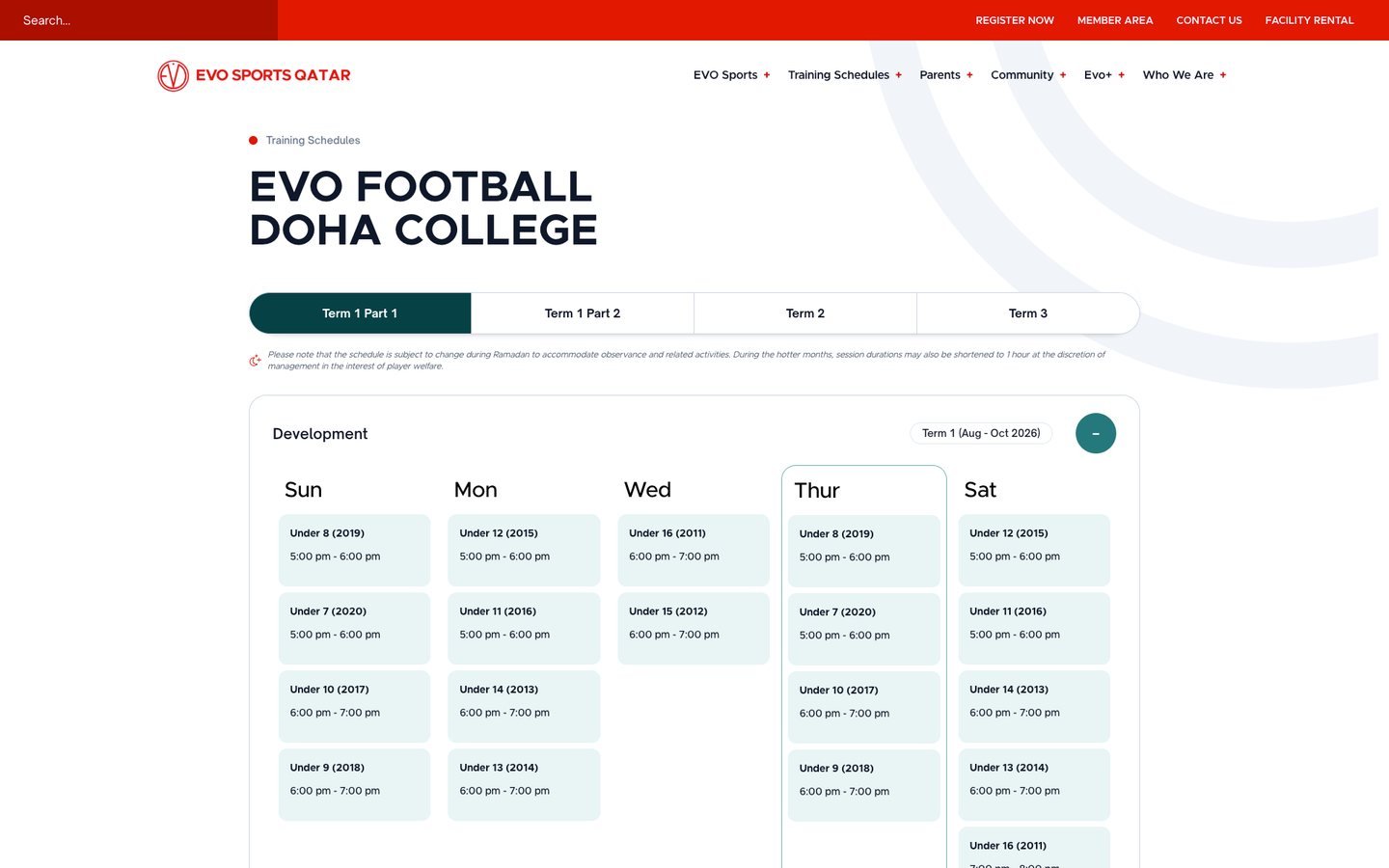 Evo Sports Qatar training schedule page, showing term-by-term sessions by age group