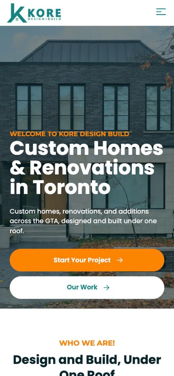 Kore Design+Build homepage on a phone