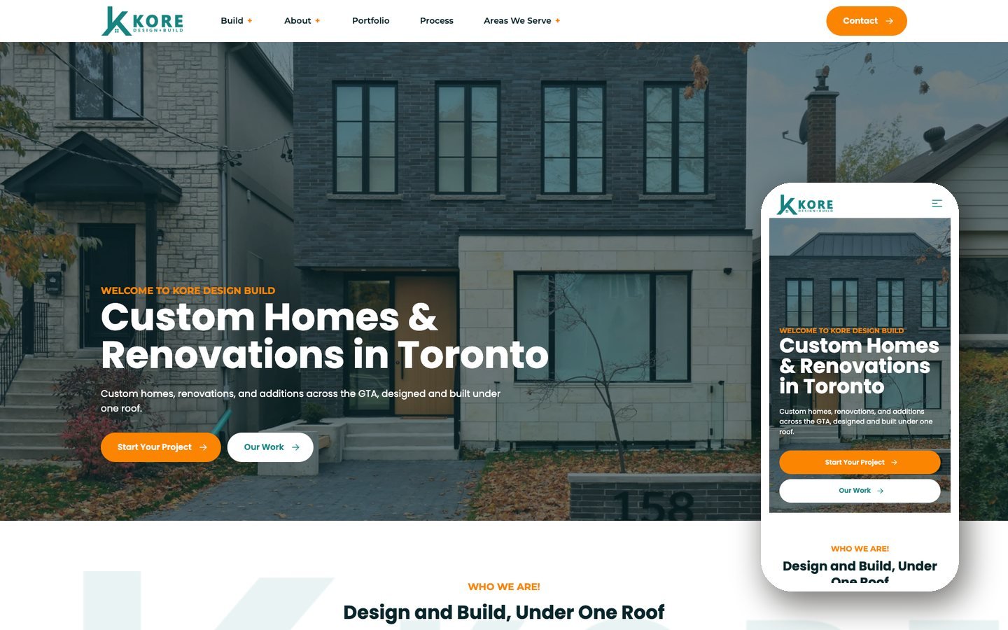 Kore Design+Build website shown on desktop and mobile