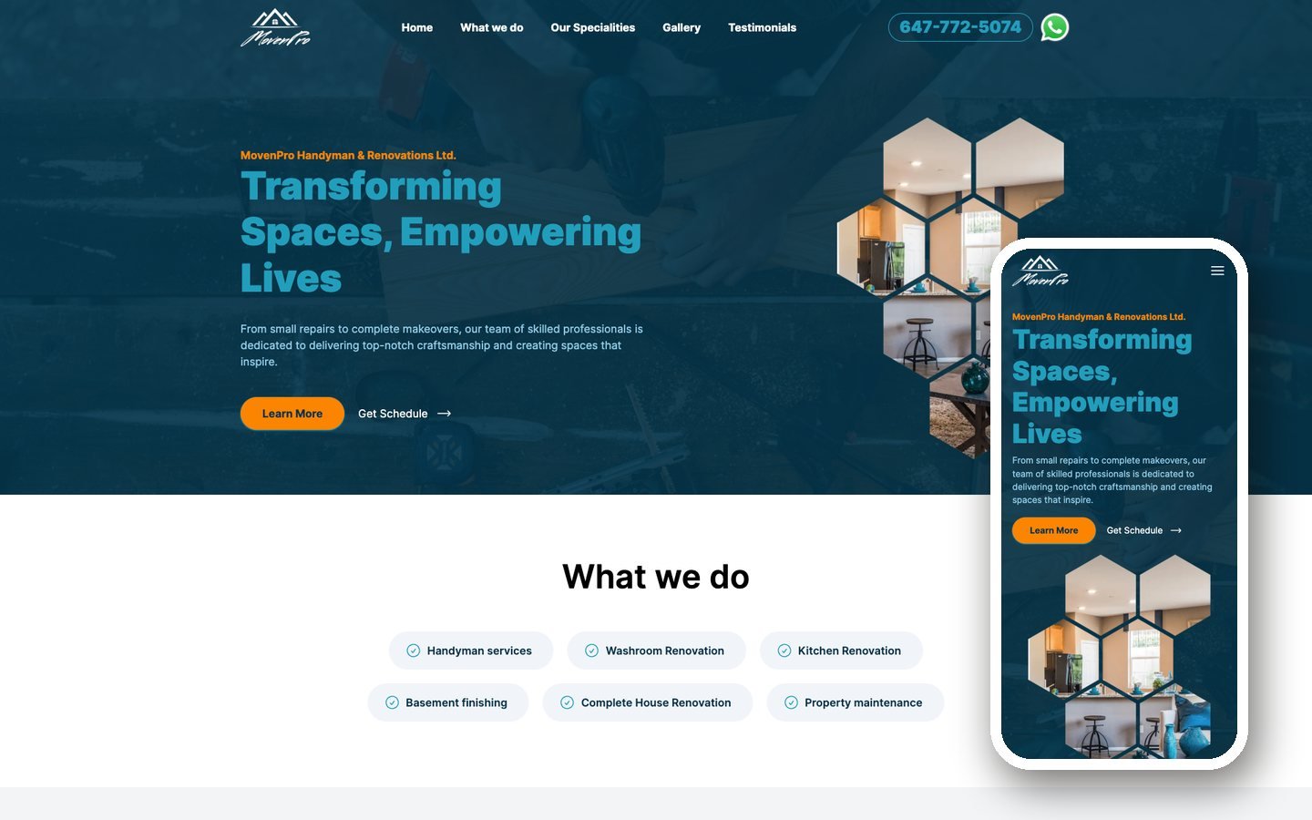 MovenPro construction website shown on desktop and mobile